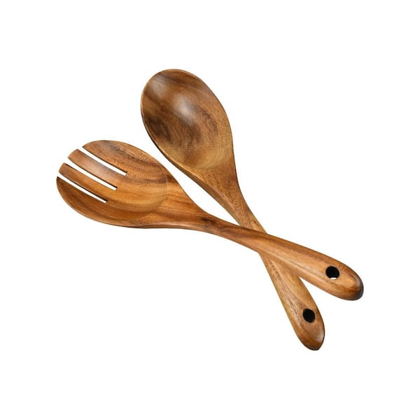 Natural Finish Salad Spoon and Fork Server Set Long Handle for Mixing Tossing Cooking Wide Handle Design 10.2in