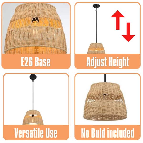 Farmhouse 100-Watt 1-Light Black Pendant Light with Rattan Shade and No Light Bulb Included
