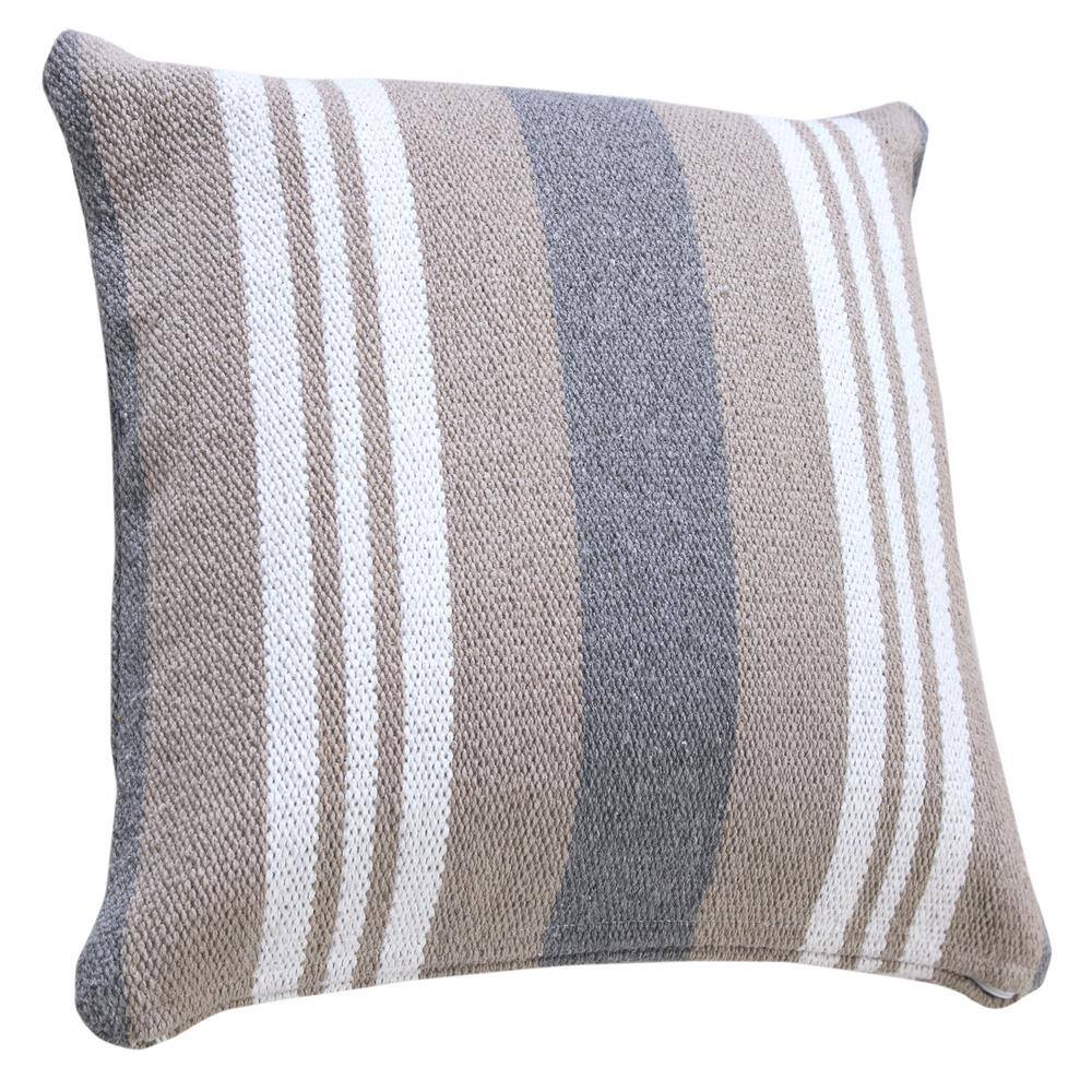 20" Beige and Gray Striped Cotton Throw Pillow