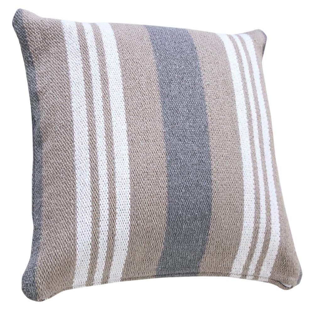 20" Beige and Gray Striped Cotton Throw Pillow