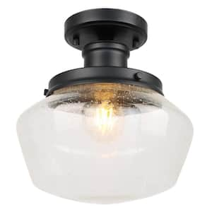 10 in. 1-Light Black Semi-Flush Mount Ceiling Light with Seeded Glass Shade