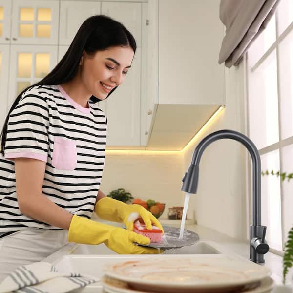 Single-Handle Pull-Down Sprayer Kitchen Faucet with Stream and PowerSpray Mode in Black Stainless