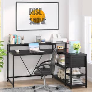Moronia 55.1 in. Reversible L Shaped Desk Black Particle Board 2-Drawer Computer Desk with Monitor Stand and Shelves
