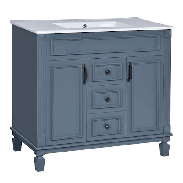 36 in. Blue Bath Vanity with White Ceramic Top and Blue Mirror Cabinet