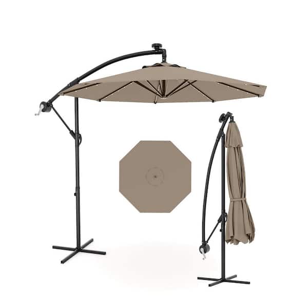 Garvee 10 ft. Steel Solar LED Lighted Cantilever Offset Patio Umbrella with Crank Lift & Cross Base in Tan