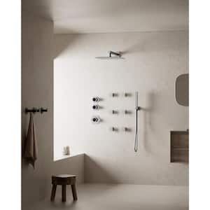 Thermostatic Valve 5-Spray 12 in. Wall Mount Dual Shower Heads and Handheld Shower Head in Brushed Nickel