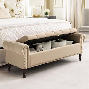 Cerella 63 in.Wheat Tufted Fabric Upholstered Storage Bedroom Bench Rolled Arm Button Tufted Storage Ottoman