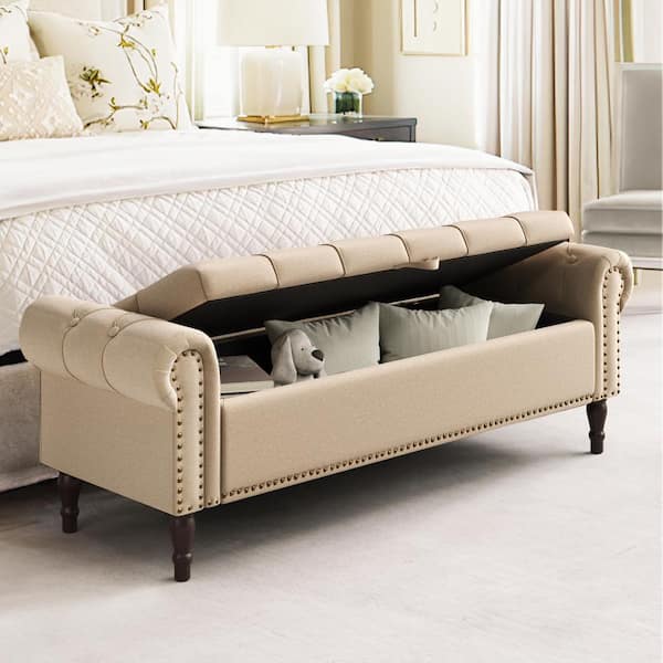 cozyman Cerella 63 in.Wheat Tufted Fabric Upholstered Storage Bedroom Bench Rolled Arm Button Tufted Storage Ottoman