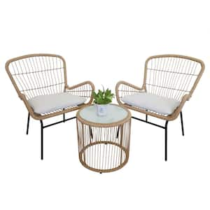 Brown 3-Piece Wicker Outdoor Bistro Set with White Cushions