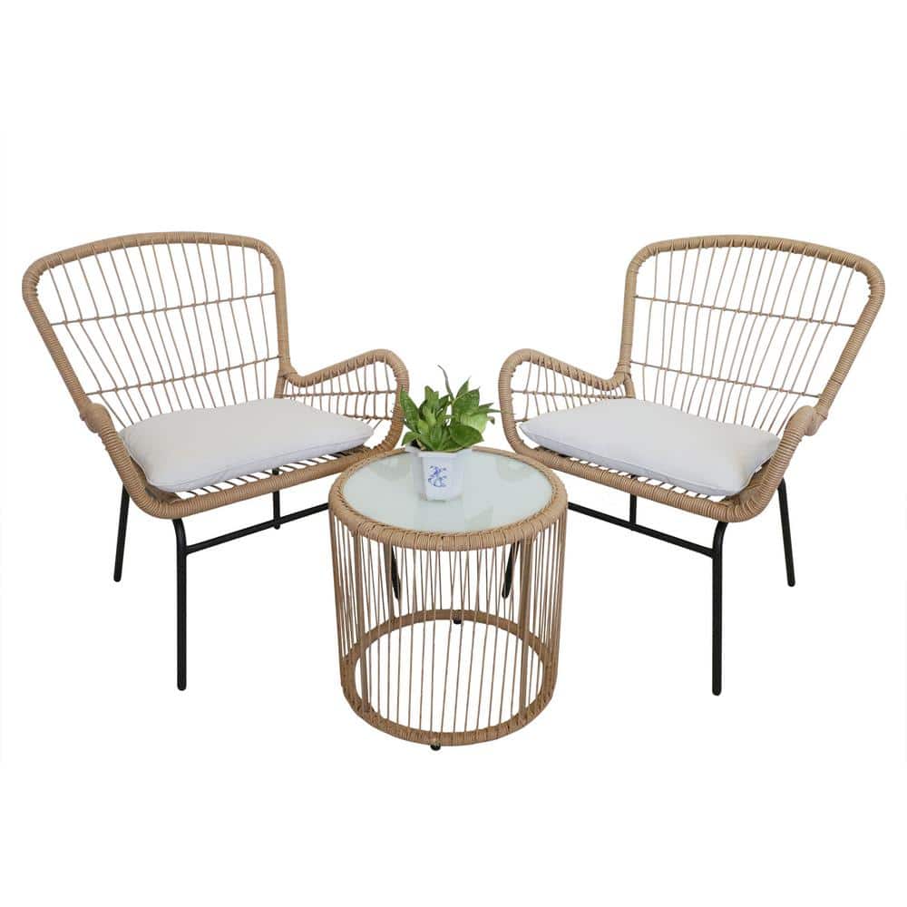 3-Piece Patio Set Wicker Outdoor Recliner Chairs with Glass Top Table and S