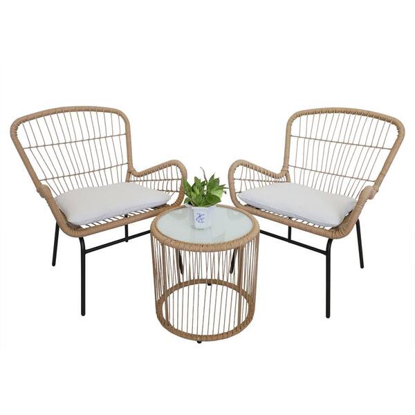 Unbranded 3-Piece Wicker Patio Conversation Set with Soft Beige Cushions and Glass Top Table