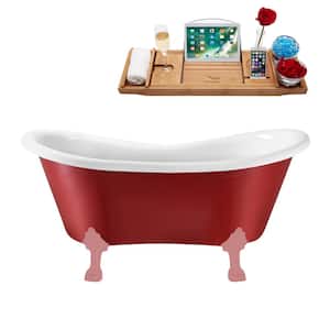 62 in. x 31 in. Acrylic Clawfoot Soaking Bathtub in Glossy Red with Matte Pink Clawfeet and Polished Gold Drain