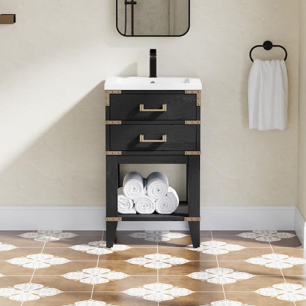 20 in. Solid Wood Black Oak Bath Vanity with White Acrylic Top, 2-Drawers, Soft Closing