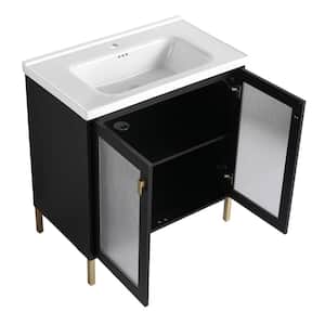 319 in W x 187 in D x 348 in H Single Sink Freestanding Bath Vanity in Black with White Ceramic Top and Cabinet