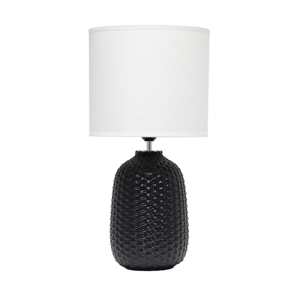 Simple Designs 20.4 in. Black with White Shade Tall Traditional Ceramic Purled Texture Bedside Table Desk Lamp with Fabric Drum Shade
