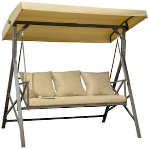Outdoor 3- Person Brown Steel Frame Patio Swing Chair with Canopy Cushions Pillows in Light Brown