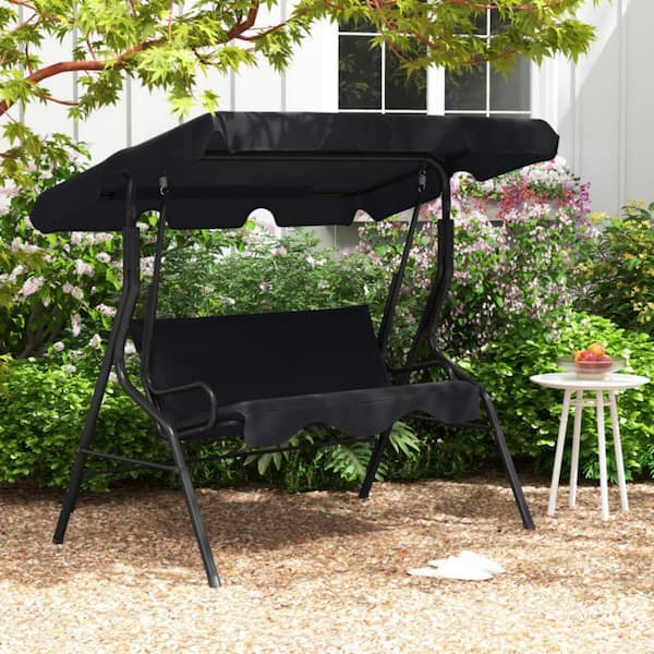 3-Person Steel Patio Swing Outdoor Porch Swing with Removable Cushions in Black