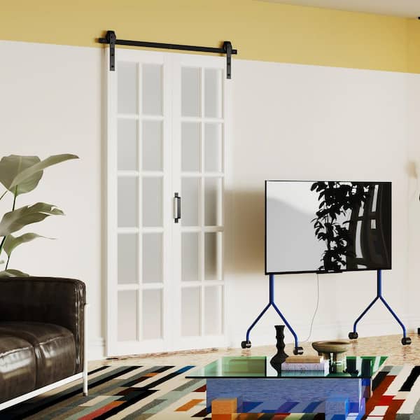 TENONER 36 in. x 84 in. White, 10 Lite, Frosted Glass, Finished, MDF, Bi-Fold Style Sliding Barn Door with Hardware Kit