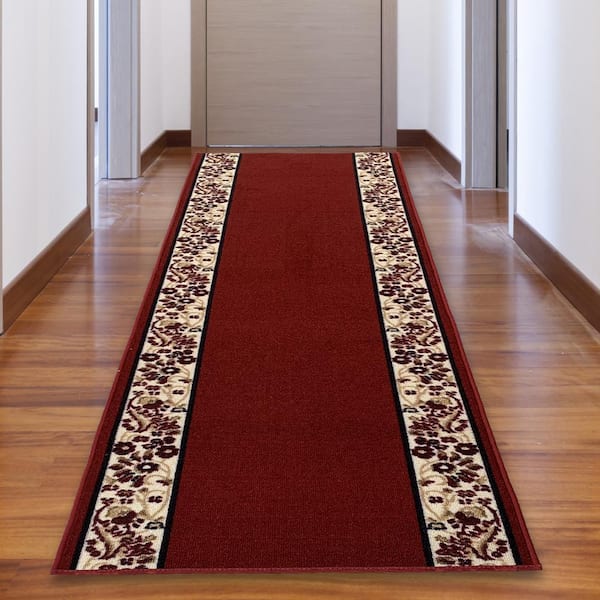 PLAYA RUG Flower Bordered Red Color 26 in. Width x Your Choice Length Custom Size Roll Runner Rug/Stair Runner