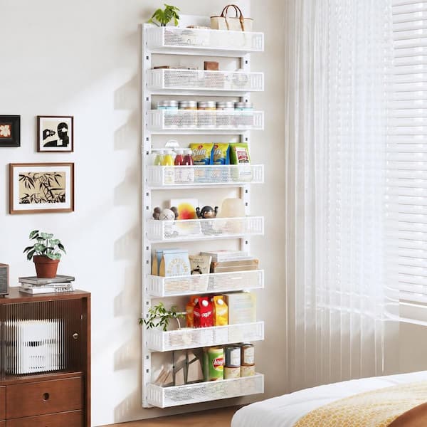 White Adjustable Mesh Basket 8-Tier Heavy-Duty Metal Over Door 2 in 1 Wall Mount Organizer with Dual Installation
