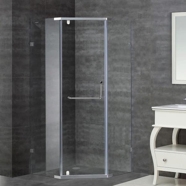 Aston SEN973 38 in. x 75 in. Semi-Framed Neo-Angle Pivot Shower Enclosure in Stainless Steel with Clear Glass