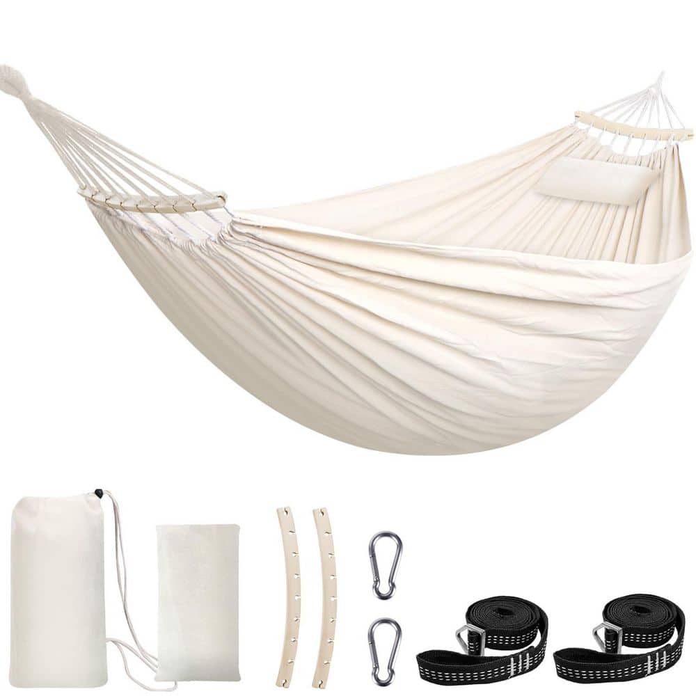 8.9 ft. Cotton Hammock with Detachable Spreader Bar, Pillow, 2 Strong Webbings, 2 Carabiners for Backyard Garden, White price history on PriceWatchPro