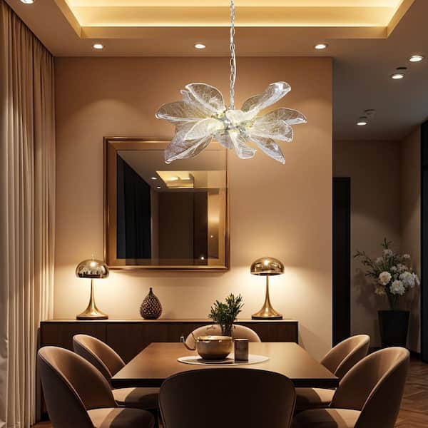 YUYI D23 in. 16-Light Silver Modern Chandelier, Crystal Leaf