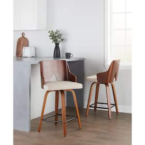 Ariana 24.25 in. Beige Fabric, Walnut Wood and Black Metal Fixed-Height Counter Stool with Square Footrest (Set of 2)