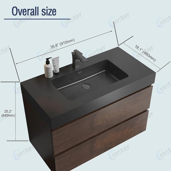 INSTER NOBLE 36 in. W x 18 in. D x 25 in. H Single Sink Floating Bath  Vanity in Wood with Black Solid Surface Integral Top HDBHU013A30W - The  Home Depot