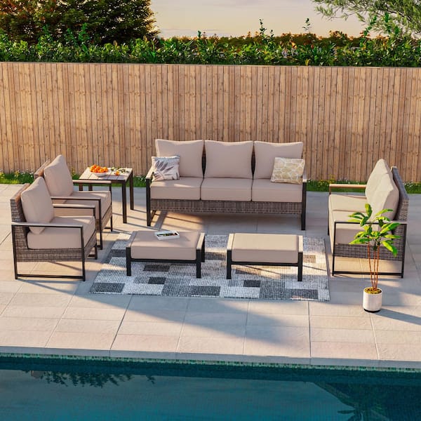 7 Pieces Patio Conversation Set with Side Table and Ottomans All-Weather Gray PE Wicker Chair with Sand Cushion