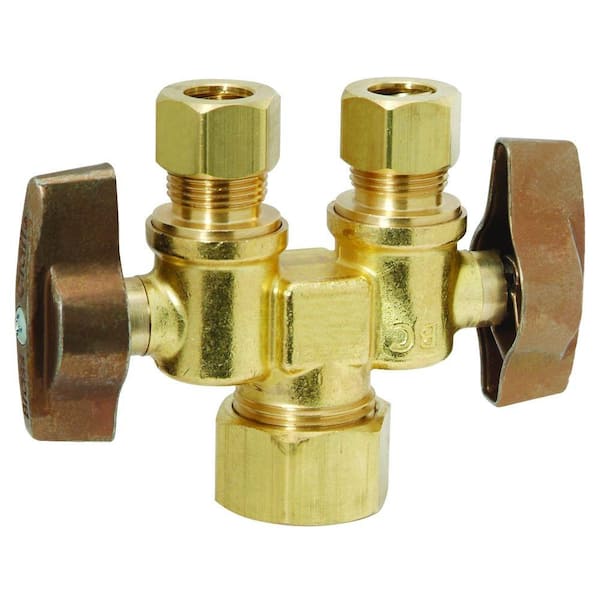 BrassCraft 1/2 in. Nom Comp Inlet x 3/8 in. O.D. Comp x 3/8 in. O.D. Comp Dual Outlet Dual Shut-Off 1/4-Turn Straight Ball Valve