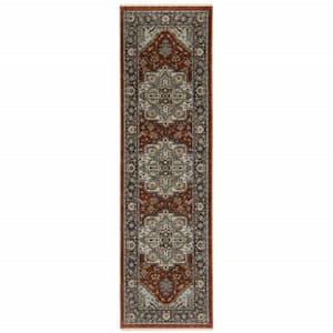 Blue Beige Grey Gold Green and Rust Red 2 ft. x 8 ft. Oriental Power Loom Stain Resistant Fringe with Runner Rug