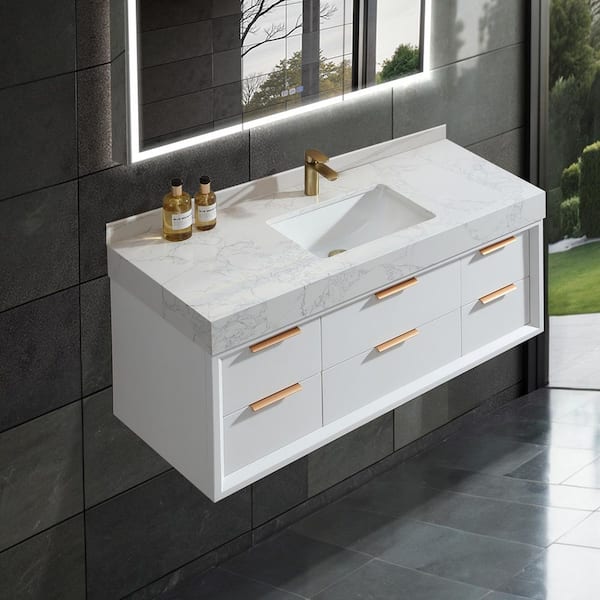 Lonni 48 in. W x 20.7 in. D x 21.3 in. H Single Sink Solid Oak Floating Bath Vanity in White with White Marble Top and Lights