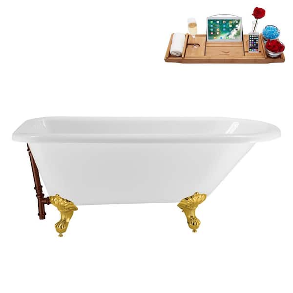 Streamline 62 in. x 29 in. Acrylic Clawfoot Soaking Bathtub in Glossy White Matte Oil Rubbed Bronze Drain, Polished Gold Clawfeet