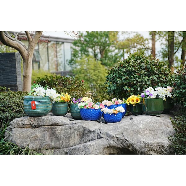 Set of 3 10.70 in. Antique Green Ceramic Flowerpot-Round Modern Planter with Drainage Hole, Frost & Weather Resistant