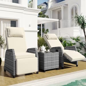 Wicker Outdoor Chaise Lounge with Coffee Table, Beige Cushion, Adjustable Back for Courtyard, Swimming Pool, Balcony