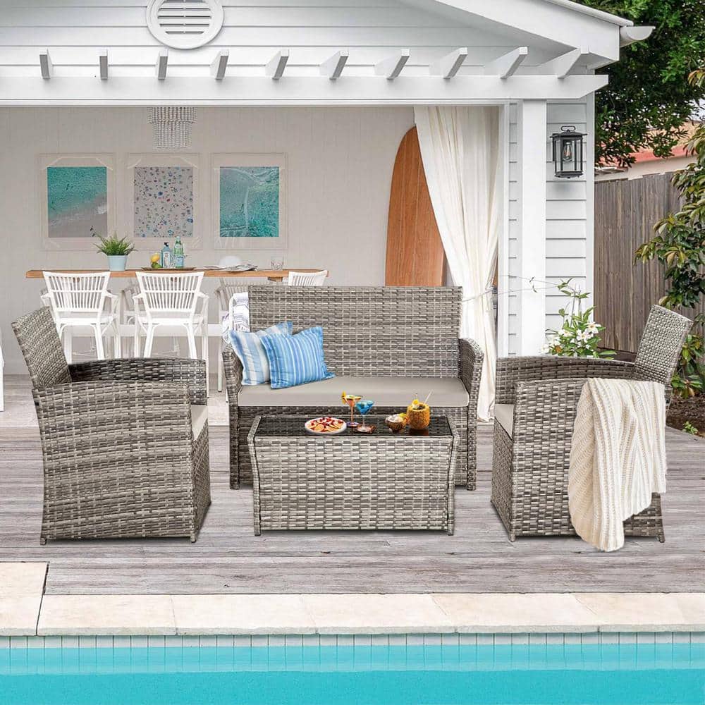 4-Piece Gray Wicker Bistro Patio Conversation Set with Table and Gray Cushi