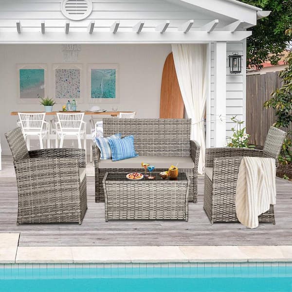 Unbranded 4-Piece Gray Wicker Bistro Patio Conversation Set with Table and Gray Cushions
