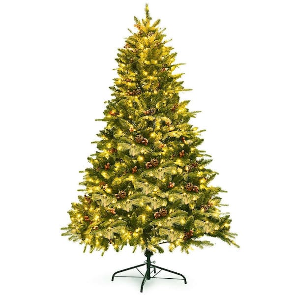 ANGELES HOME 6.5 ft. Pre-Lit LED Flocked Regular Full Artificial Christmas Tree with Red Berries and Pinecones