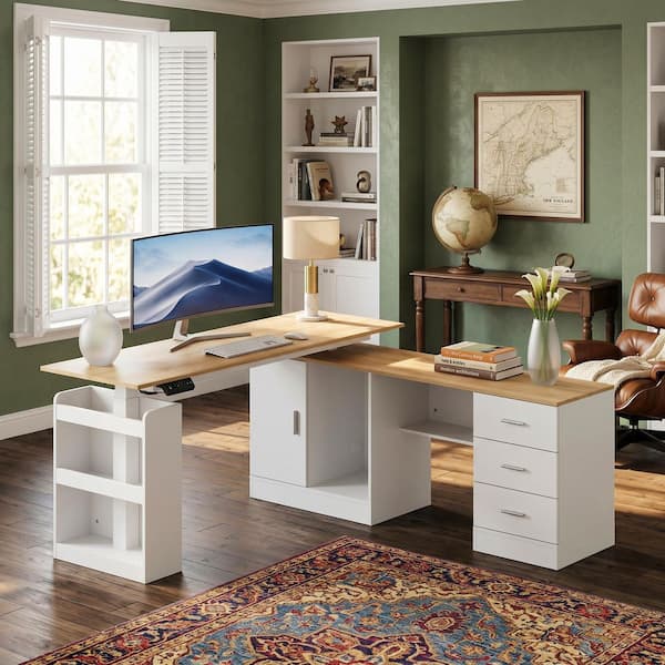 FUFU&GAGA 63 in. W L- Shaped White Wood Adjustable Height Computer