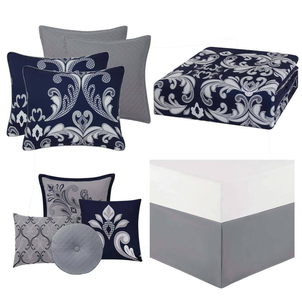 Navy and Silver Microfiber 10-Piece King Comforter Set