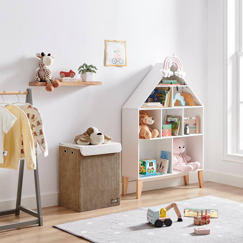 Brown Corduroy Collapsible Kids Hamper with Plush Dog Lid