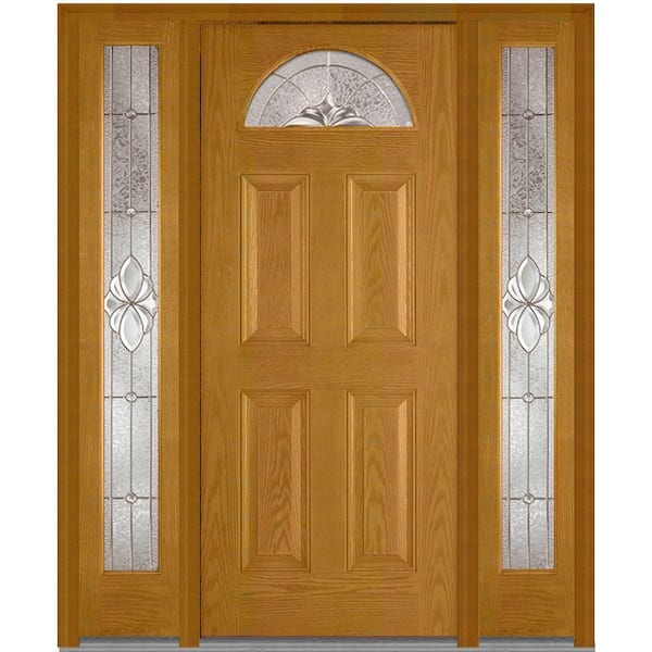 MMI Door 60 in. x 80 in. Heirloom Master Left-Hand 1/4-Lite Decorative Stained Fiberglass Oak Prehung Front Door with Sidelites