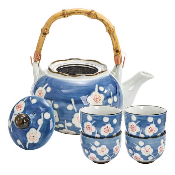 5-Piece White Ceramic Floral Tea Set with Stainless Steel Infuser Bamboo Handle for Home Office Gift Use