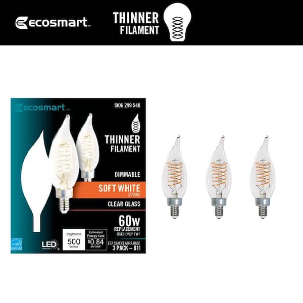 EcoSmart 60-Watt Equivalent BA11 Dimmable E12 Candelabra Fine Bendy Filament LED Vintage Edison Light Bulb Soft White (3-Pack)