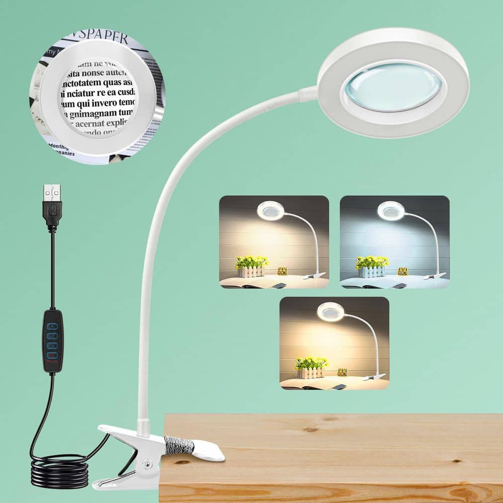 15.7 in. White LED Desk Lamp with 10X Magnifying Glass, Dimmable Clip-On Magnifier Light for Crafts Repair Reading