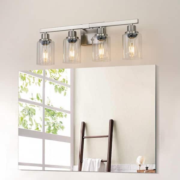 24 in. W 4-Light Wall Sconce with Glass Shade, Bathroom Vanity Light Over Mirror, E26 No Bulbs Included, Brushed Nickel