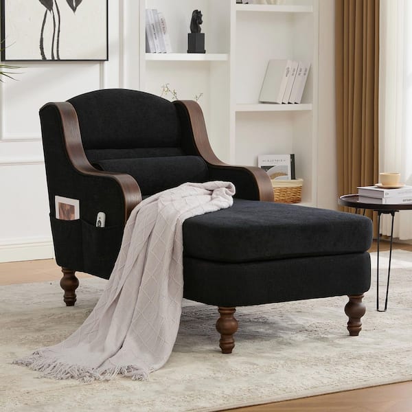 Modern Oversized Black Chenille Solid Wood Frame Armrest Chaise Lounge with High Back Wide Seat and Upholstered