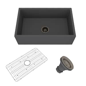 30 in. Farmhouse/Apron-Front Single Bowl Black Earth Cement Kitchen Sink with Drain Grid and Drain