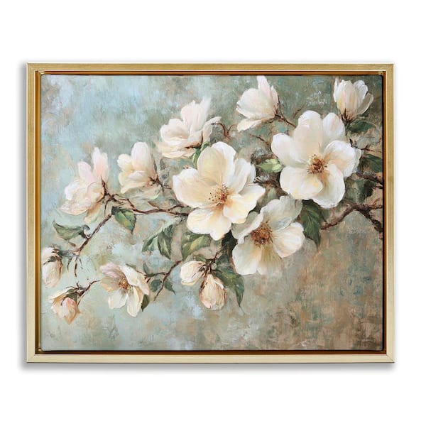Stupell Industries In Bloom Flower Branch by Petal Prints Design Gold Floater Frame Nature Graphic Art Print 25 in. x 31 in.